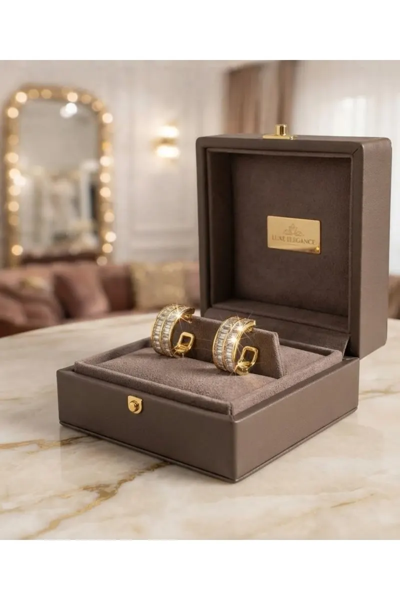 Pirinç Gold Renk Çift Sıra Zirkon Taşlı Küpe