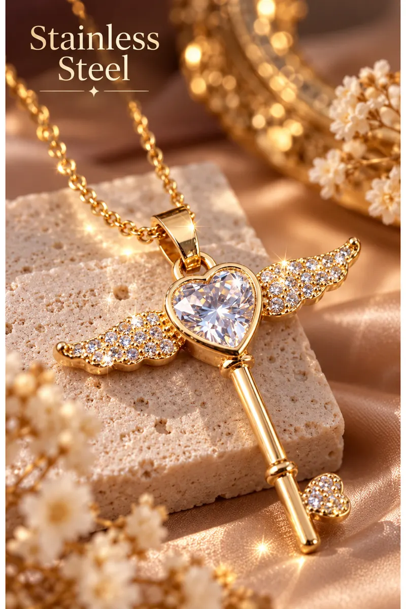 316L Gold Renk Kalp Anahtar Model Çelik Kolye