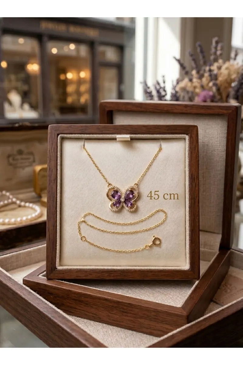 316L Çelik Zincir Gold Renk Mor Kelebek Model Kolye