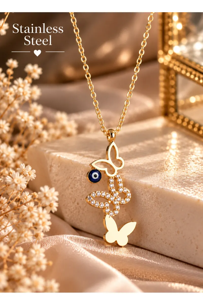 Gold Renk Üç Kelebek Model Nazar Boncuklu Zirkon Taşlı Çelik Kolye