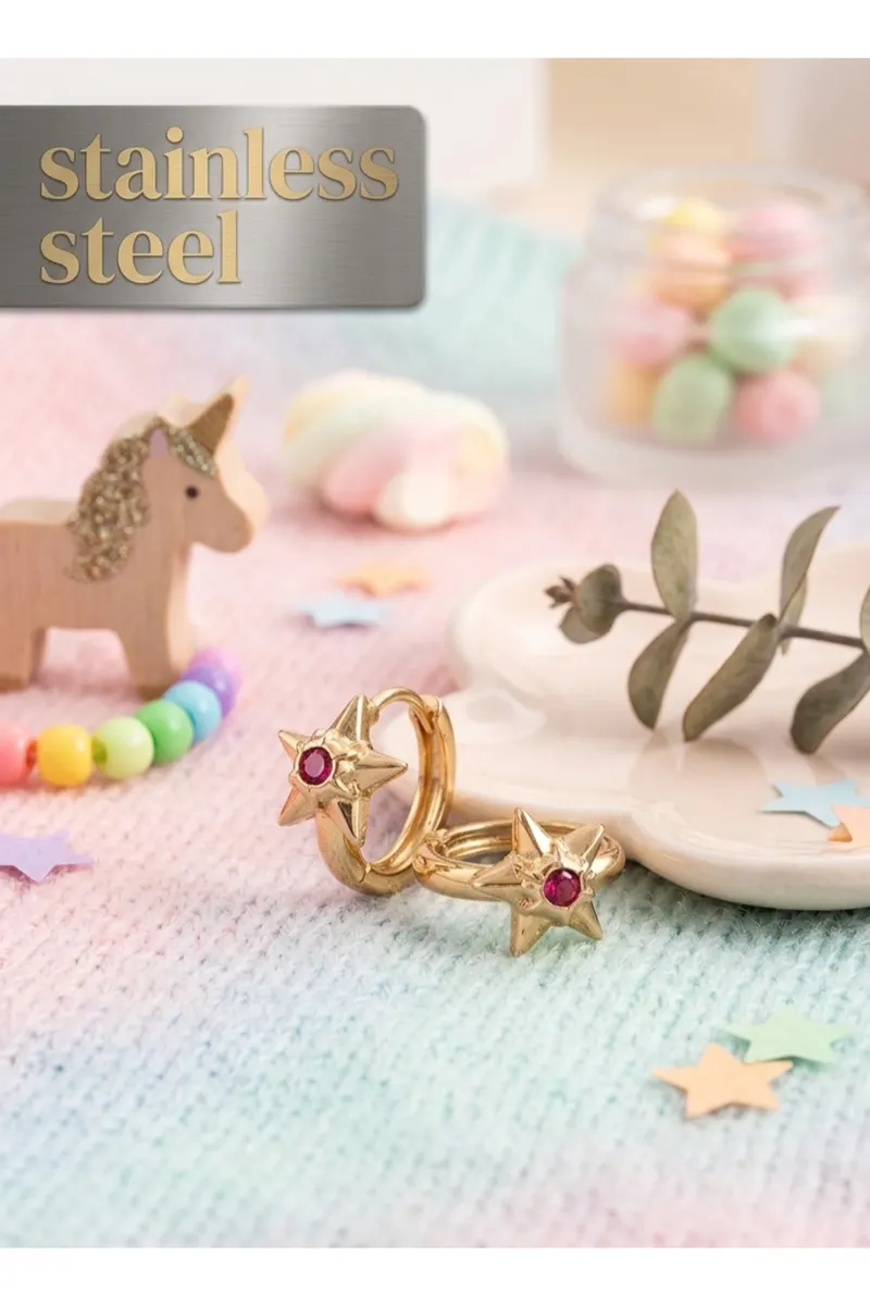 Pirinç Zirkon Taşlı Yıldız Model Gold Renk Çocuk Küpe