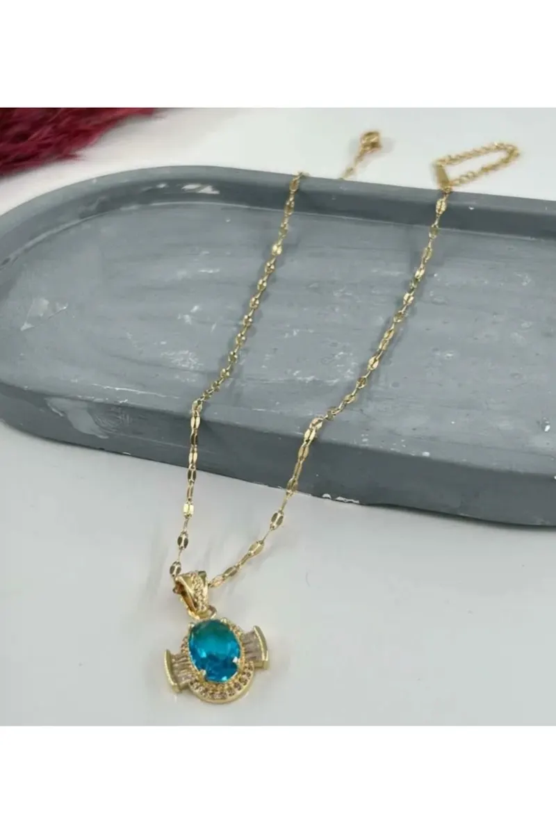 Gold Renk Büyük Mavi Taşlı Kararmaz Çelik Kolye