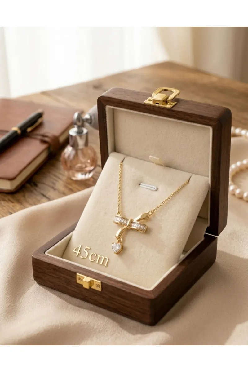 316L Gold Renk Çelik Zincir Zirkon Taşlı Kalp Detay Fiyonk Kolye