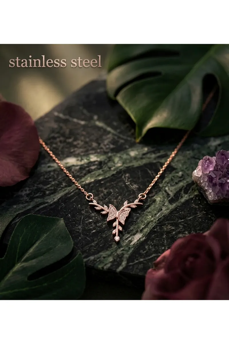 Zirkon Taşlı Kelebek Tasarım Rose-gold Kararmaz Kaplı Çelik Kolye