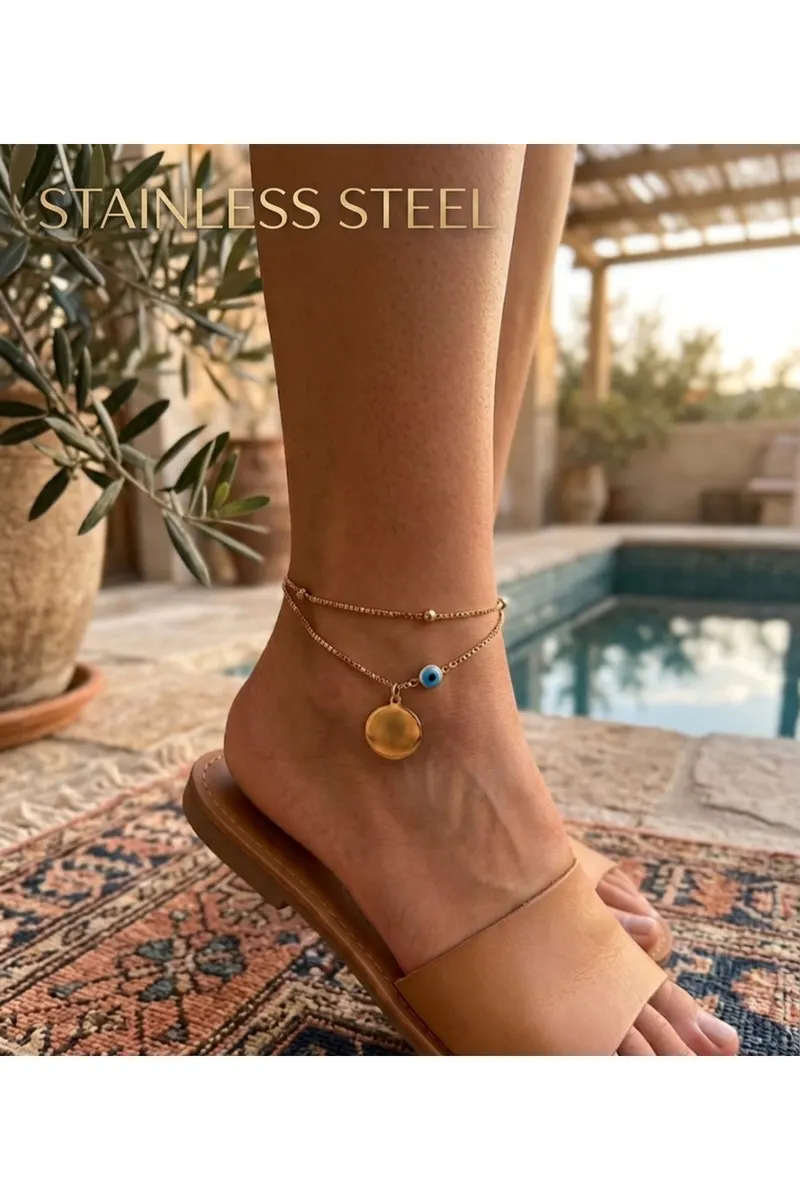 Gold Renk Zirkon Pul Model Singapur ve Top Zincir Çelik Halhal