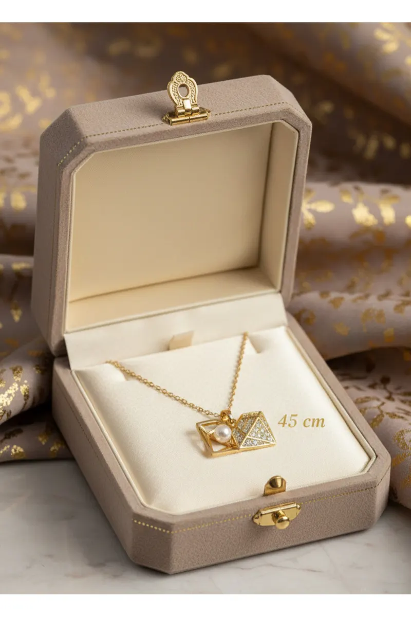 316L Çelik Gold Renk Zirkon Taşlı Açılır İncili Elmas Kolye