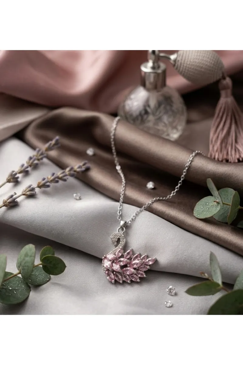 Gümüş Renk Pembe Zirkon Taşlı Kuğu Model Kararmaz Çelik Kolye