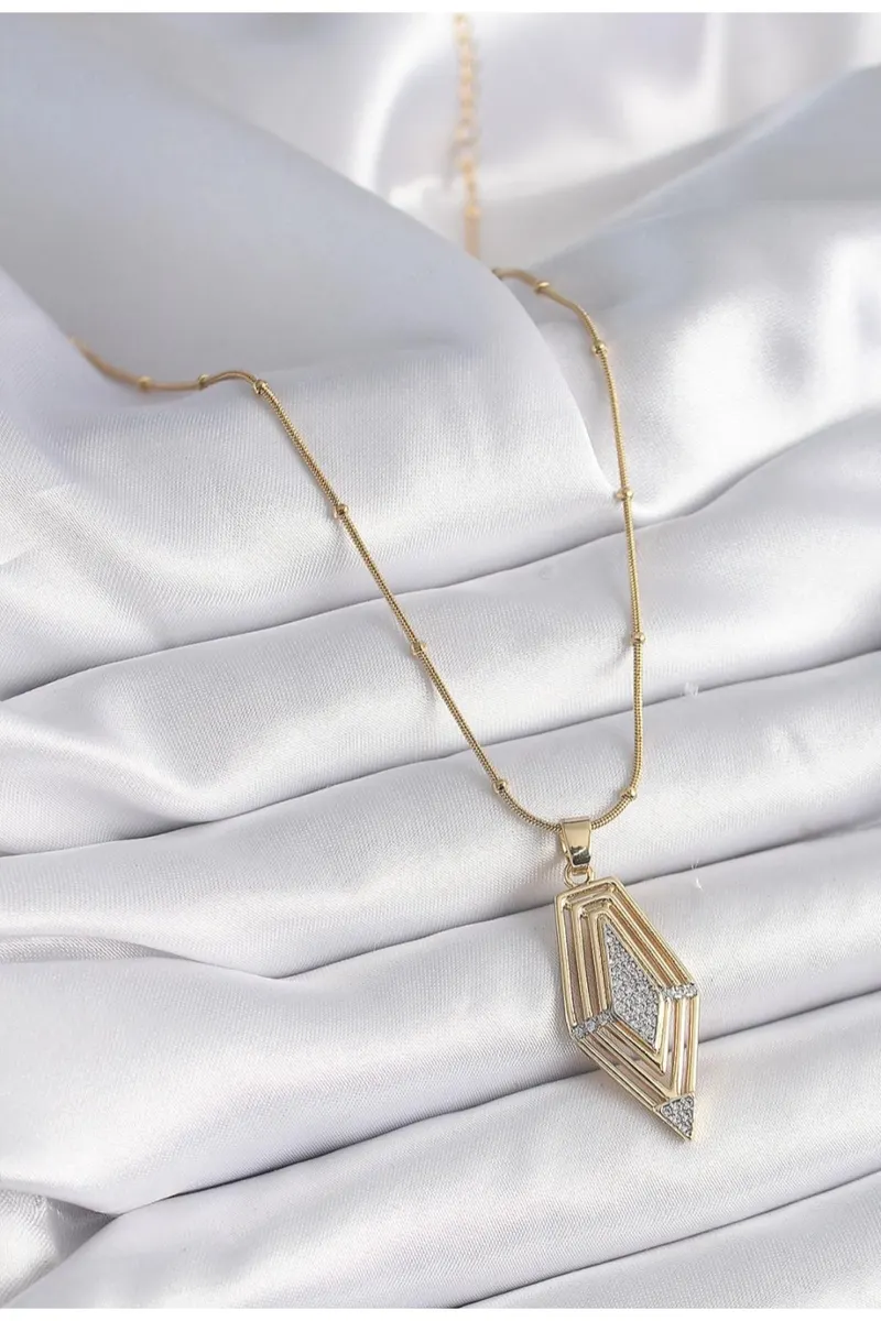 316L Gold Renk Çelik Zincir Zirkon Taşlı Vintage Model Kolye
