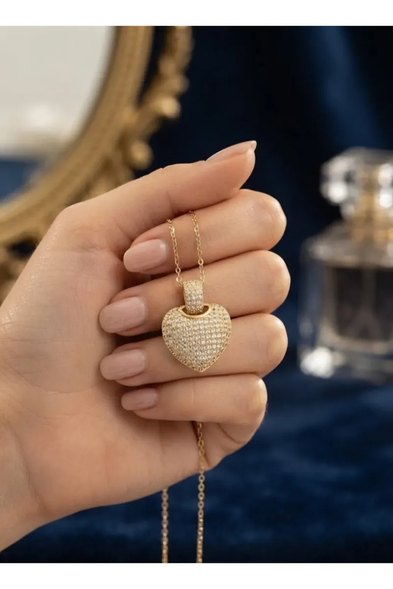 316L Çelik Zincir Gold Renk Zirkon Taşlı Kalpli Kolye