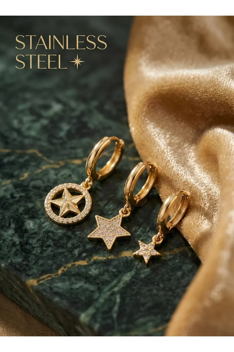 Pirinç Gold Zirkon Taşlı Yıldız Model Gold Renk 3'lü Küpe Set