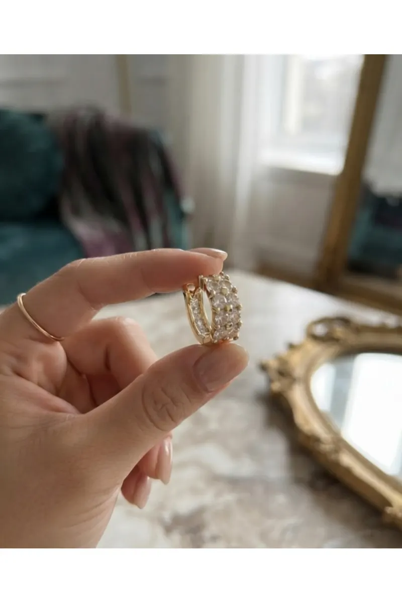 Gold Renk 14k Altın Kaplama Zirkon Taşlı Cm Küpe