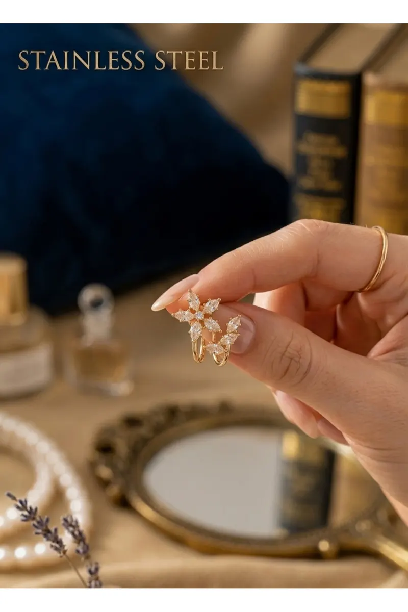 Pirinç Gold Renk Zirkon Taşlı Çiçek Model Küpe