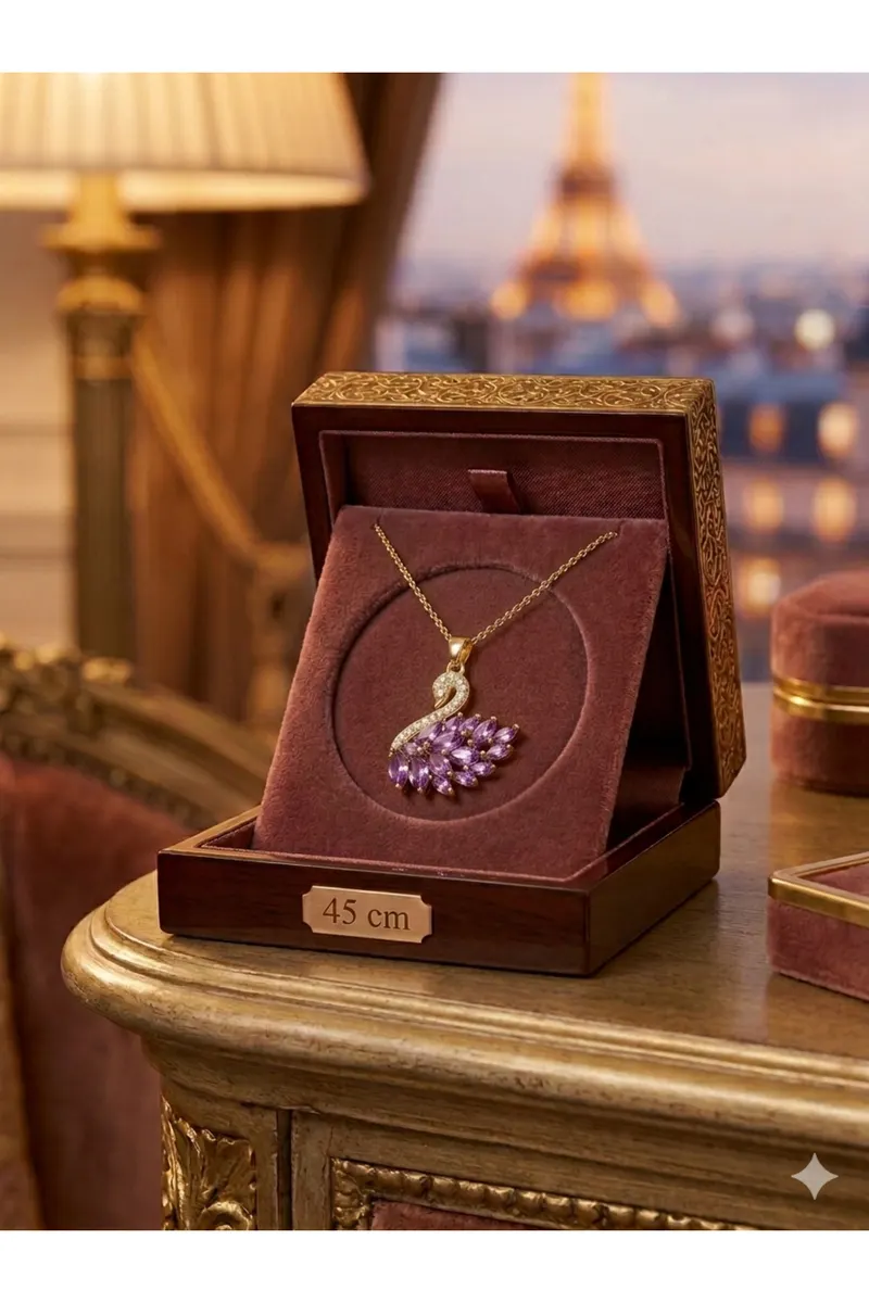 Gold Renk Beyaz Mor Zirkon Taşlı Kuğu Model Kararmaz Çelik Kolye