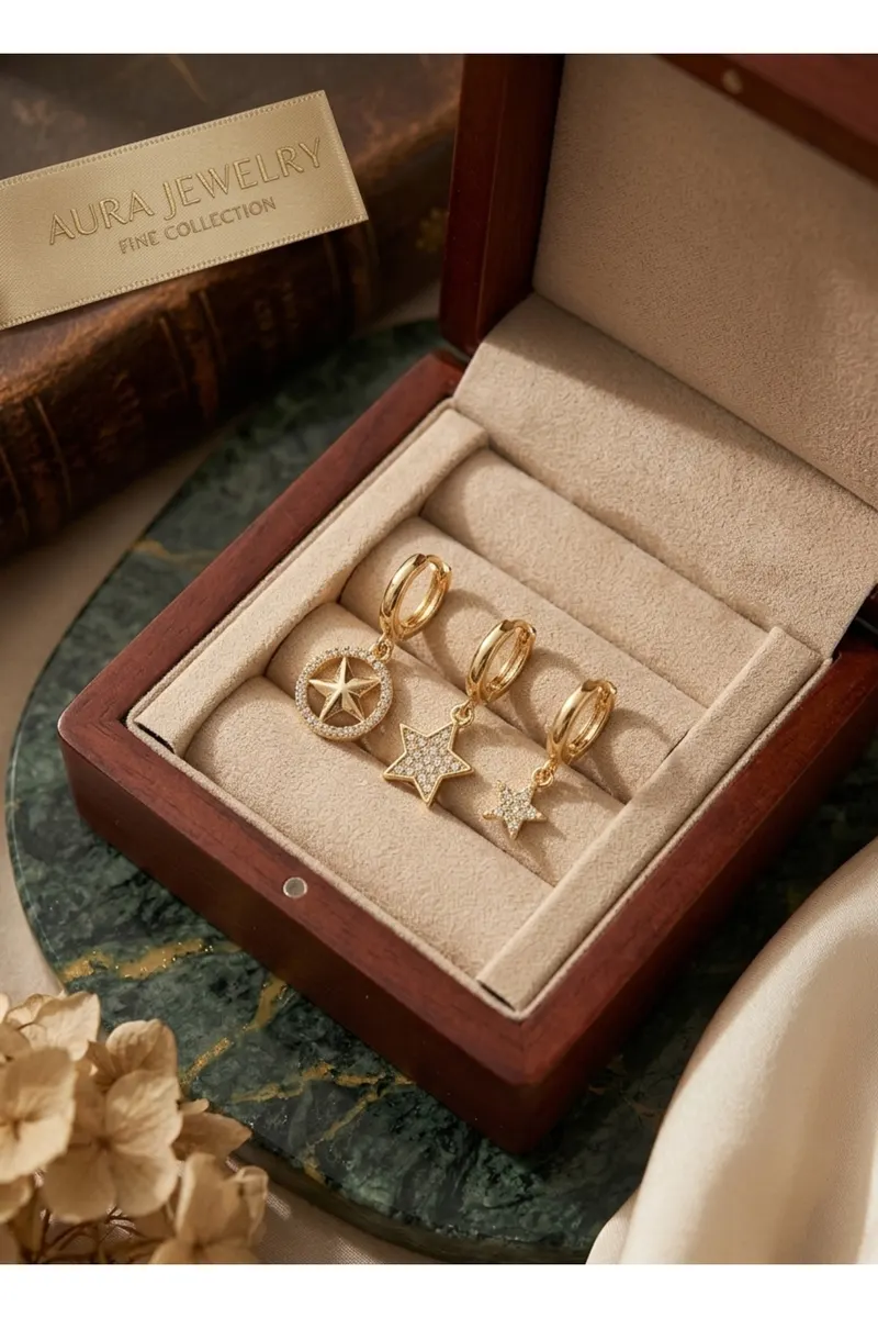 Pirinç Gold Zirkon Taşlı Yıldız Model Gold Renk 3'lü Küpe Set