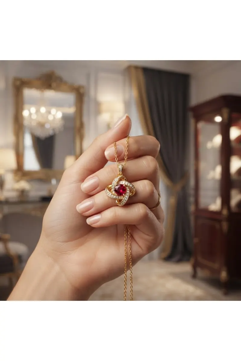 316L Çelik Zincir Gold Renk Kırmızı Taşlı Burgu Model Kolye