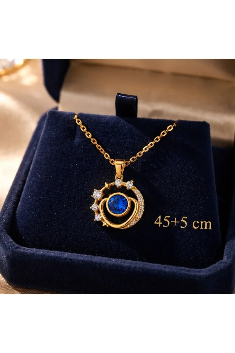 Gold Renk Zirkon Taşlı Yıldızlı Gezegen Tasarım Çelik Kolye