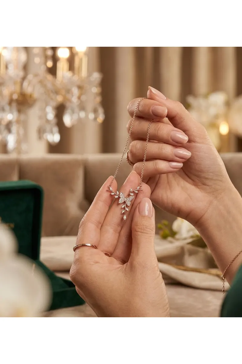 Zirkon Taşlı Kelebek Tasarım Rose-gold Kararmaz Kaplı Çelik Kolye