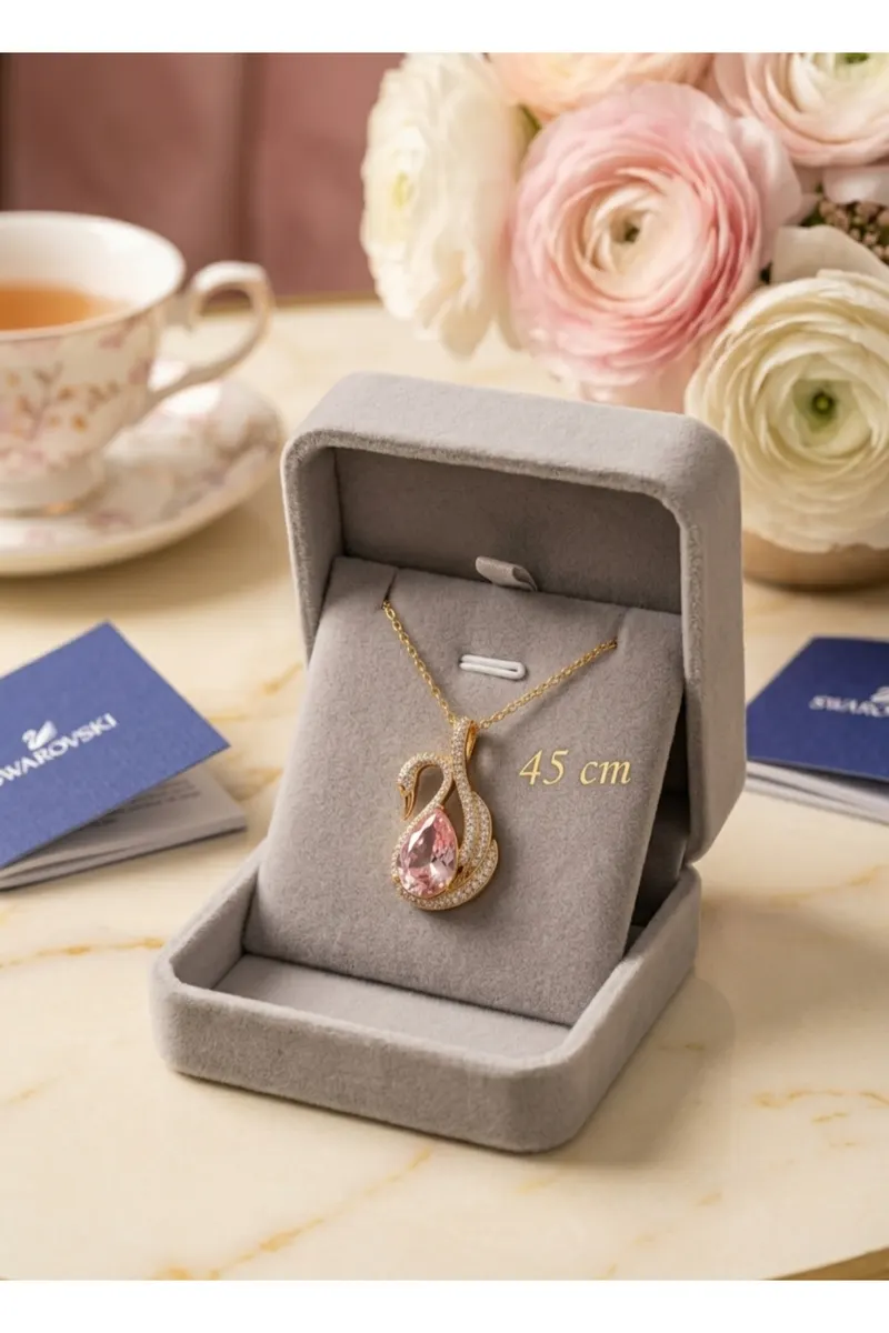 316L Çelik Zincir Gold Renk Pembe Kuğu Model Zirkon Taşlı Kolye