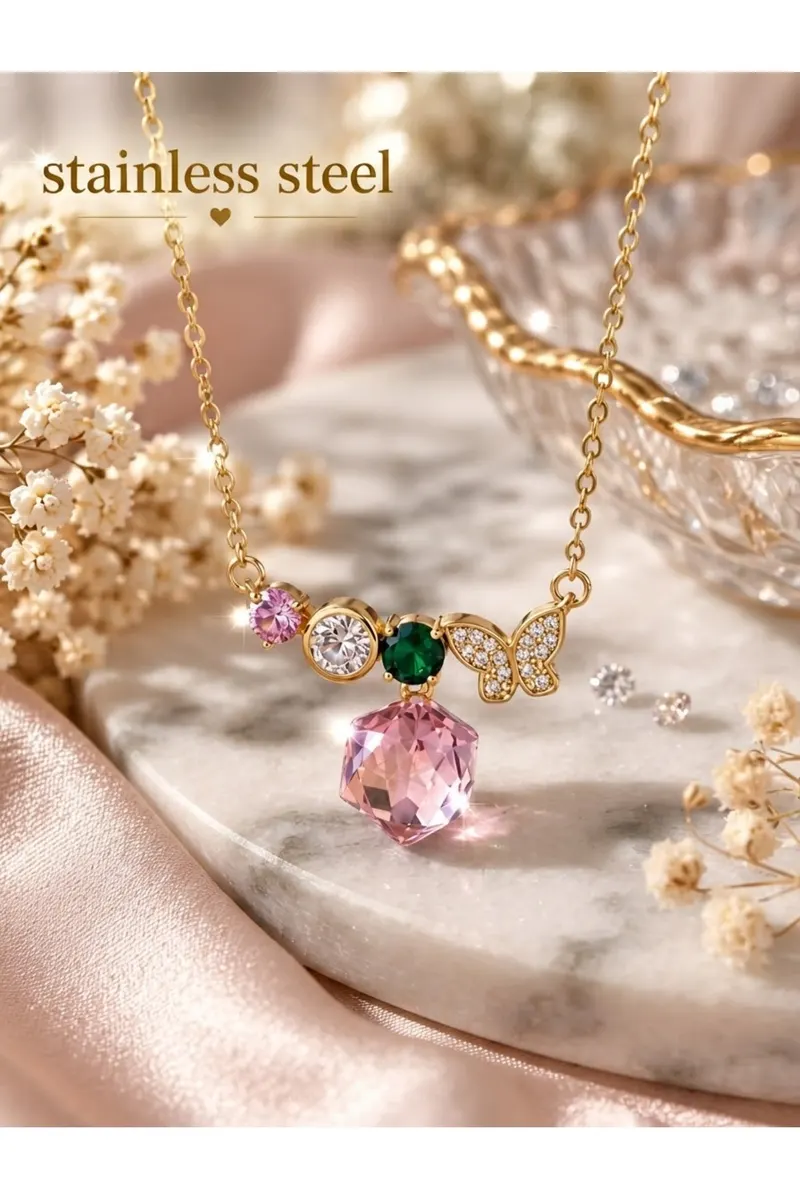Gold Renk Zincirli Kelebek Pembe Taş Motifli Kolye