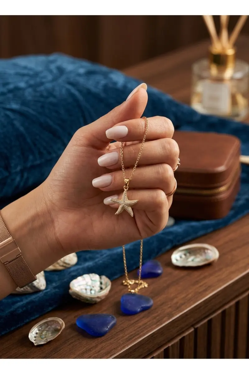 316L Çelik Zincir Gold Renk Deniz Yıldızı Model Zirkon Taşlı Kolye