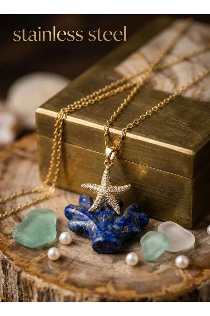 316L Çelik Zincir Gold Renk Deniz Yıldızı Model Zirkon Taşlı Kolye