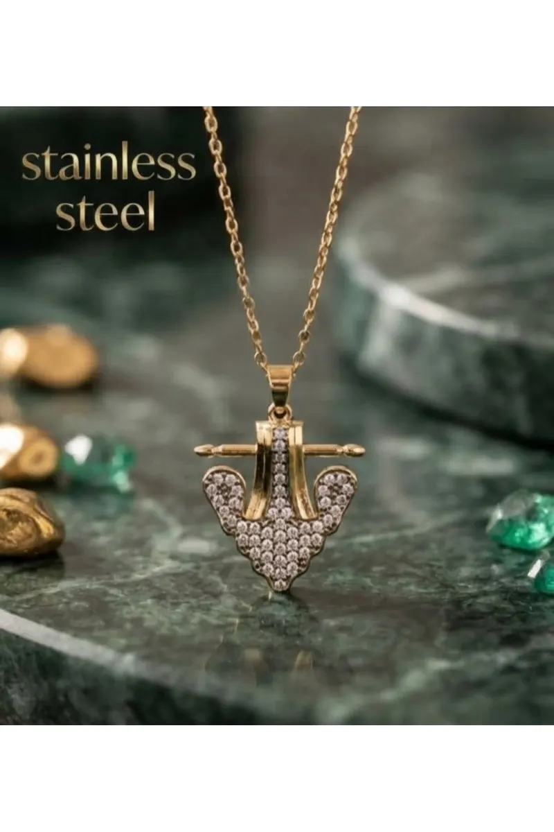 Gold Renk Zincirli Gümüş Zirkon Taşlı Serenay Model Çelik Kolye