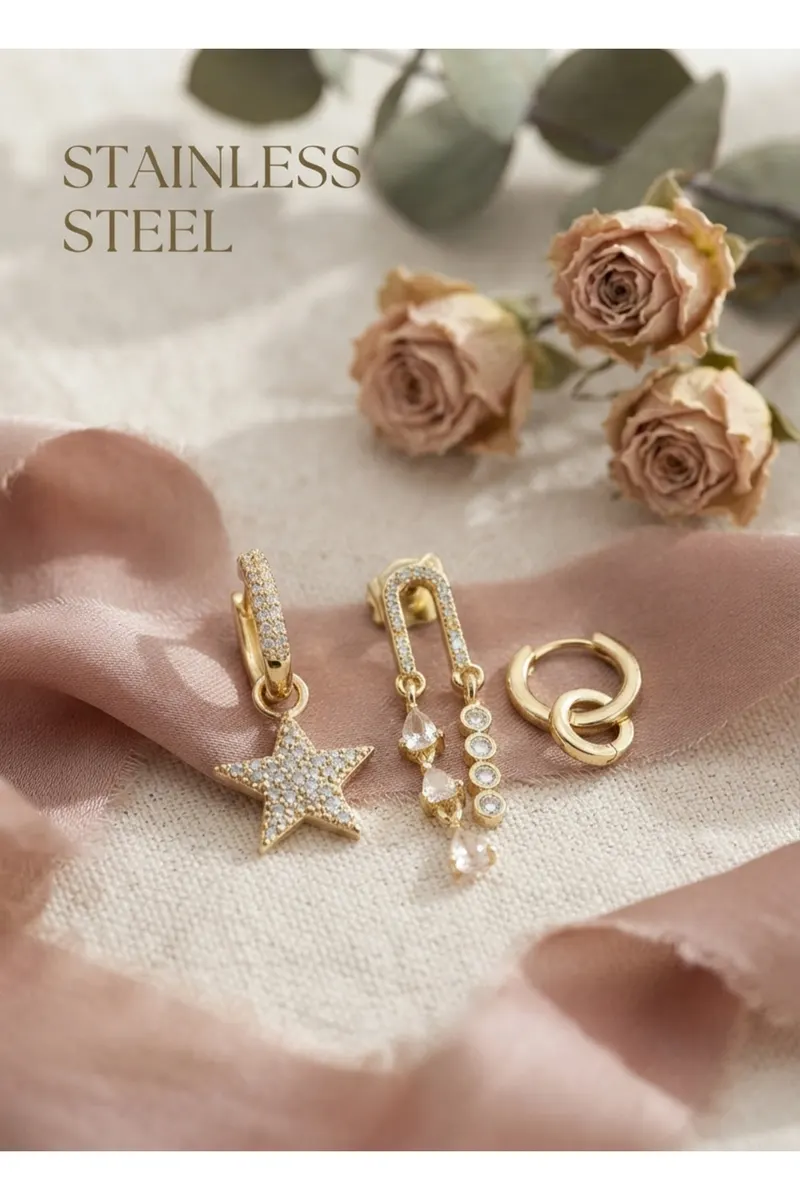 Pirinç Gold Renk Zirkon Taşlı Yıldız Vintage Model Ysx Tiro Küpe Set