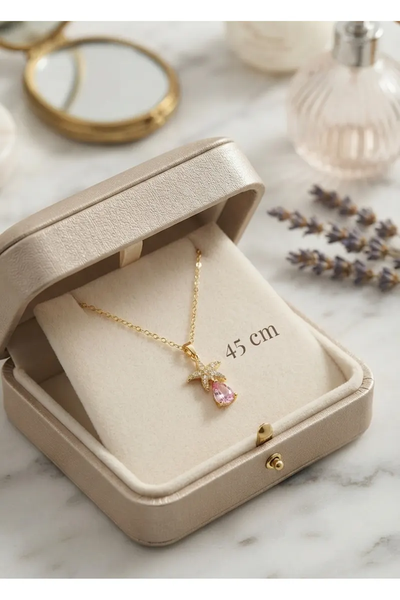 316L Çelik Zincir Gold Renk Yıldız Model Pembe Damla Taş Detay Kolye