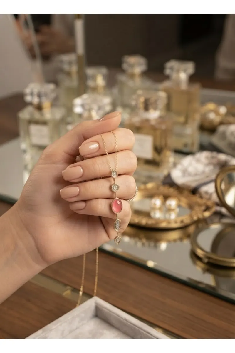 Pirinç Zincir Pembe Gold Renk Zirkon Taşlı Y Kolye