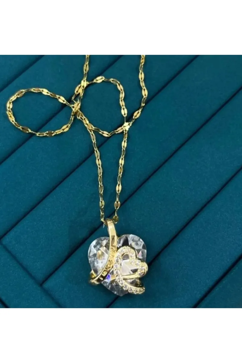 Gold Renk Zincirli Parlak Açık Buz Mavisi Kalp Motifli Çelik Kolye