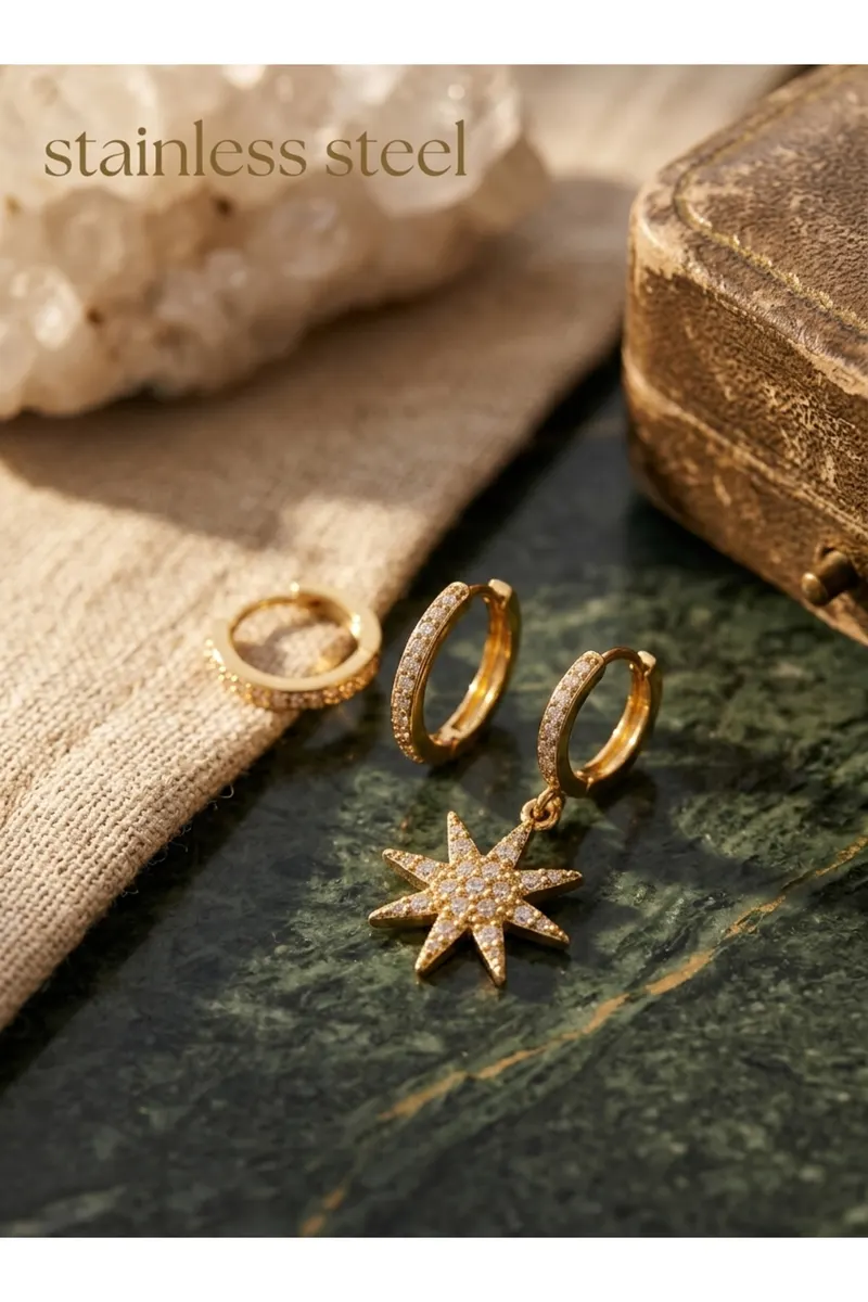 Pirinç Zirkon Taşlı Kutup Yıldızı Model Gold Renk 3'lü Küpe Set