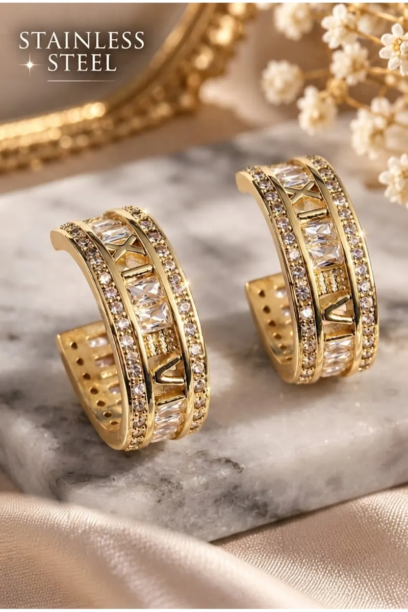 Pirinç Gold Renk Zirkon Taşlı İşleme Detay Halka Model Küpe