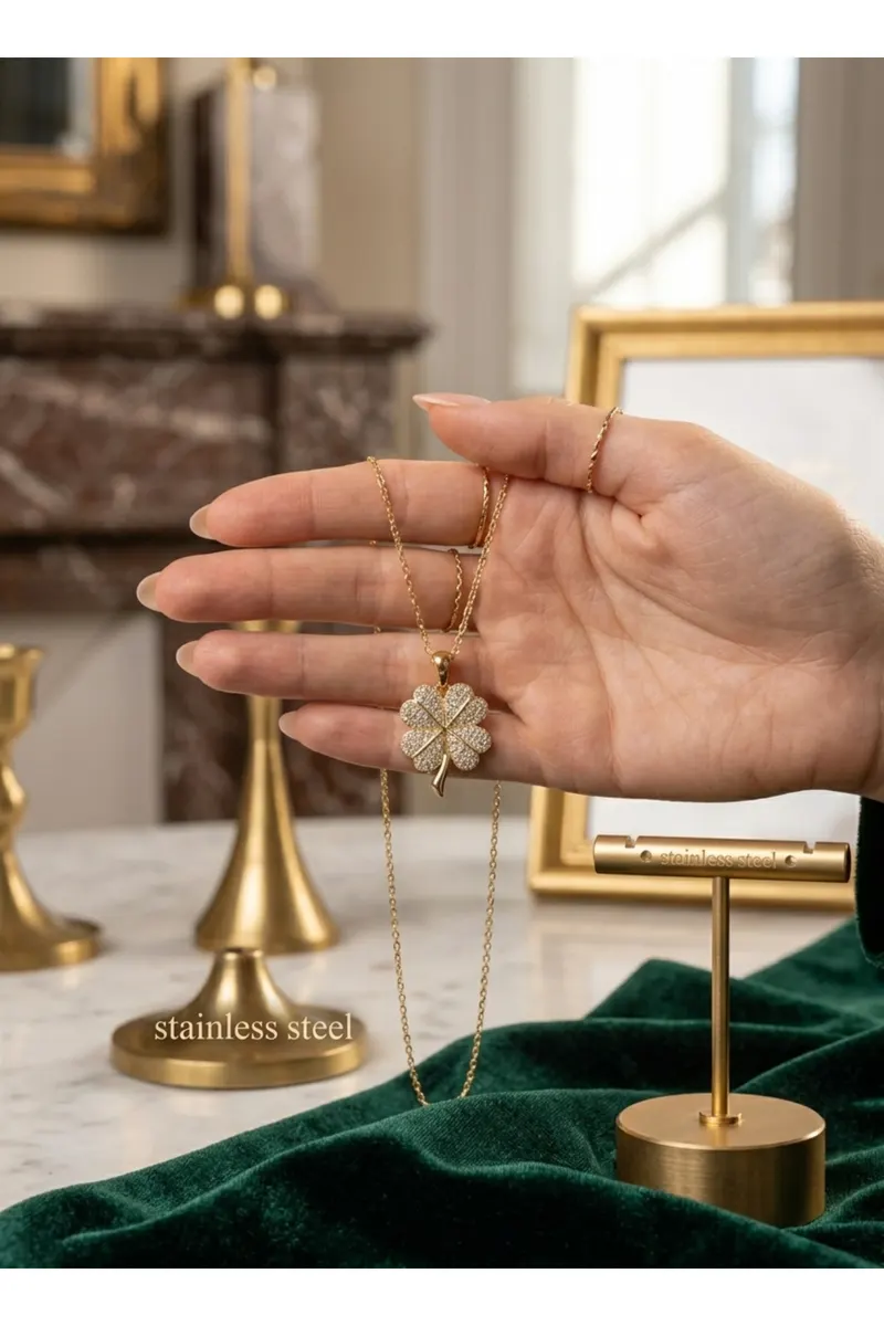 316L Çelik Gold Renk Açılabilir Yonca Model Zirkon Taşlı Kolye