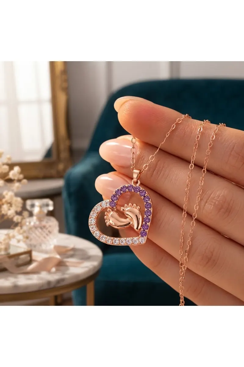 Gold Renk Kalp ve Bebek Ayak İzi Model Mor Beyaz Zirkon Taşlı Çelik Kolye