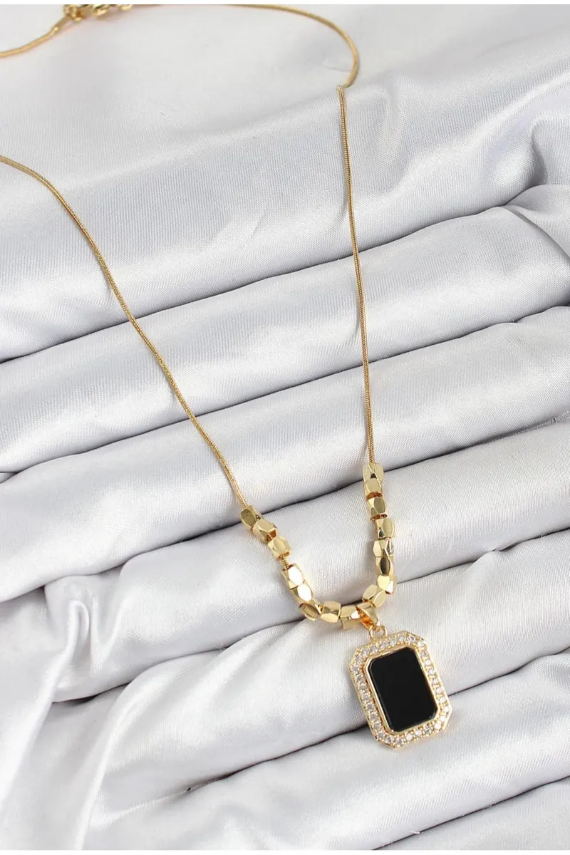 316L Gold Renk Çelik Zirkon Taşlı Siyah Baget Model Kolye