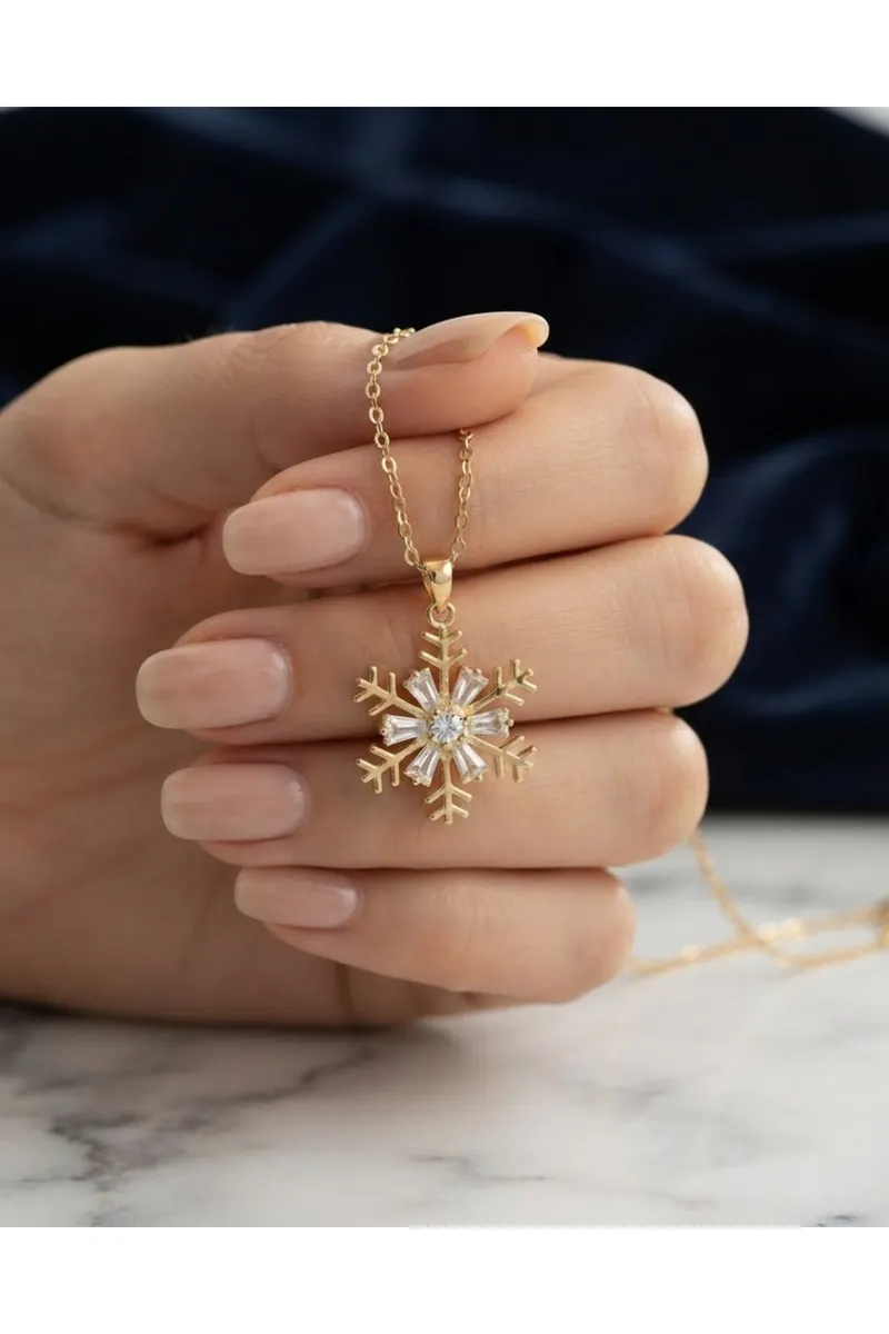 316L Çelik Zincir Gold Renk Kar Tanesi Model Zirkon Taşlı Kolye