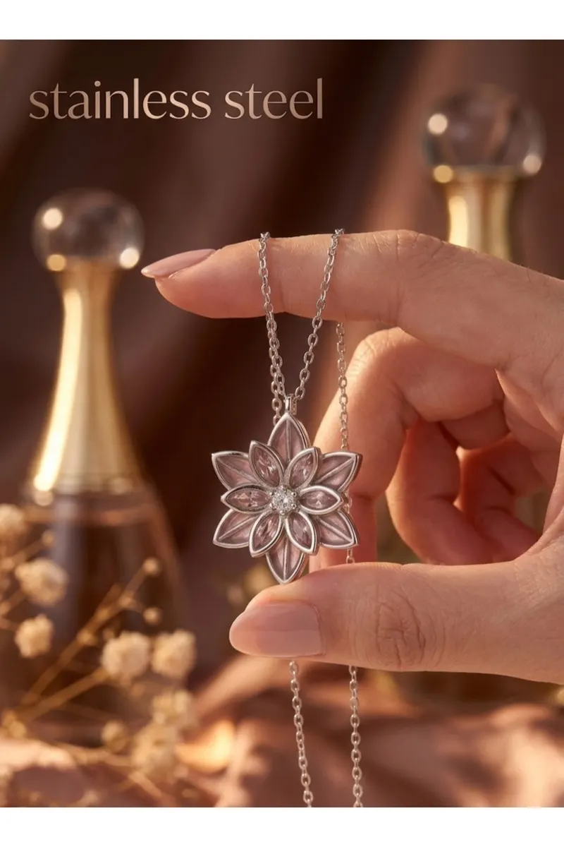 Gümüş Renk Pembe Lotus Çiçeği Çelik Kolye
