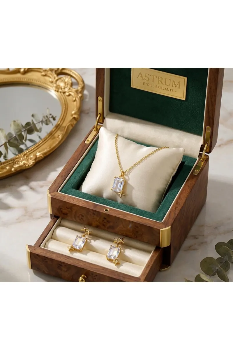 Gold Renk Parlak Baget Tektaş Çelik Kolye Küpe Set