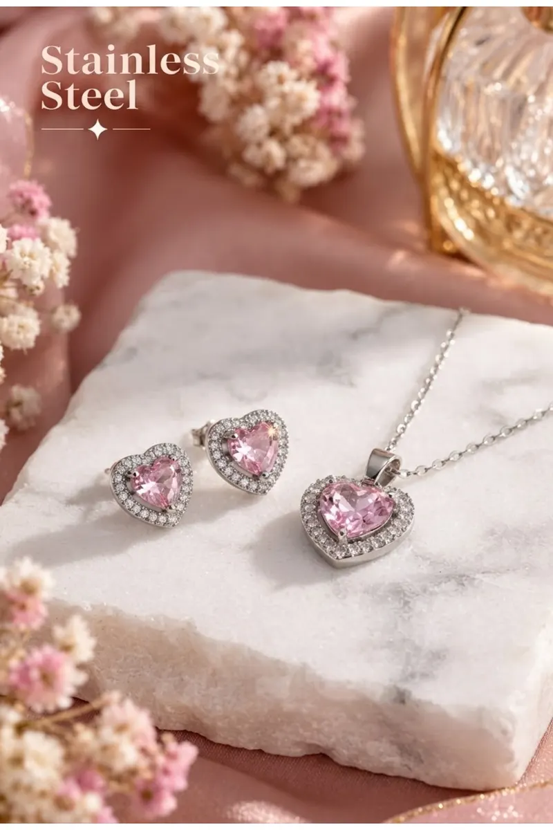 316L Çelik Zincir Gümüş Renk Pembe Zirkon Taşlı Kalp Model Kolye Küpe Set