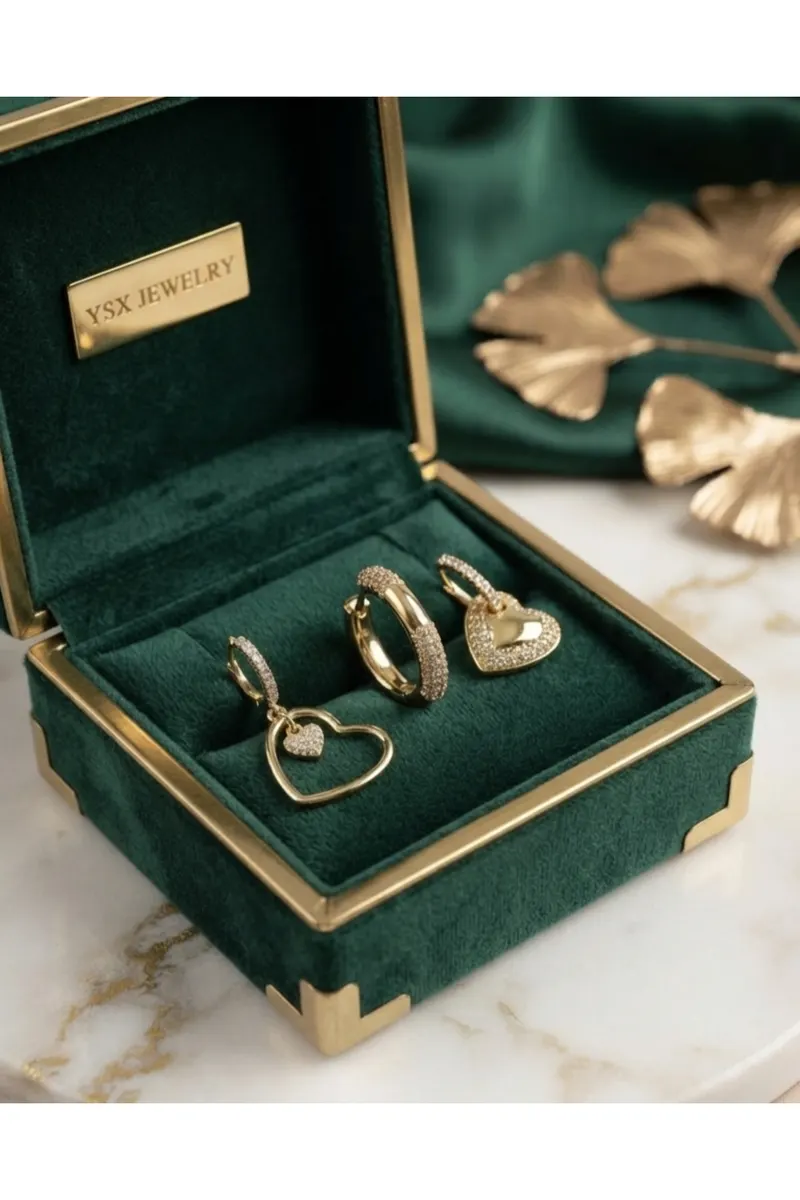 Pirinç Zirkon Taşlı Kalp Model Gold Renk 3 Adet Küpe Set