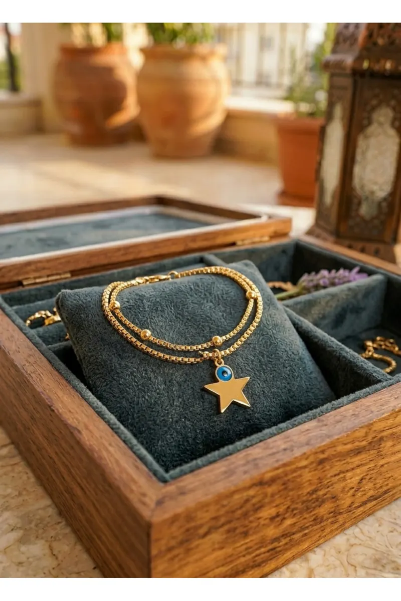 Gold Renk Asansör Top Büyük Yıldız Nazar Göz Çelik Halhal