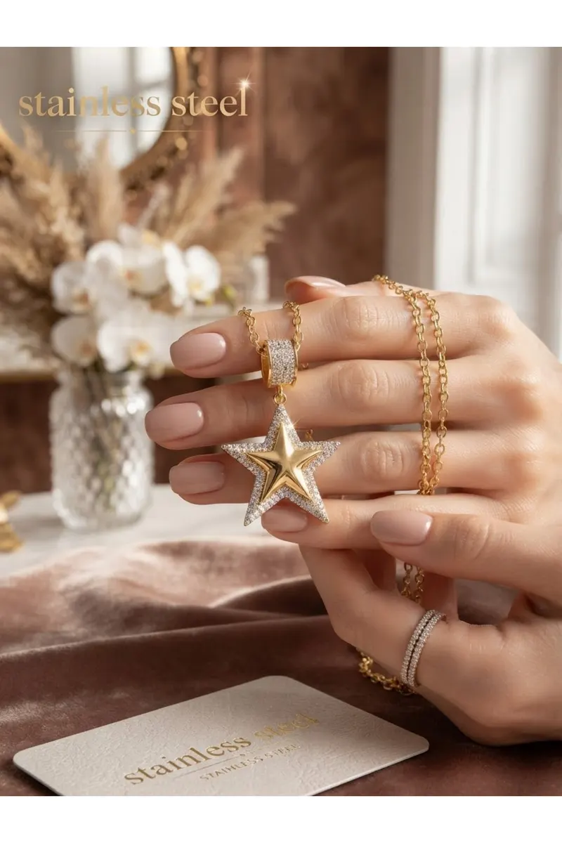 316L Çelik Zincir Gold Renk Zirkon Taşlı Büyük Yıldız Model Kolye