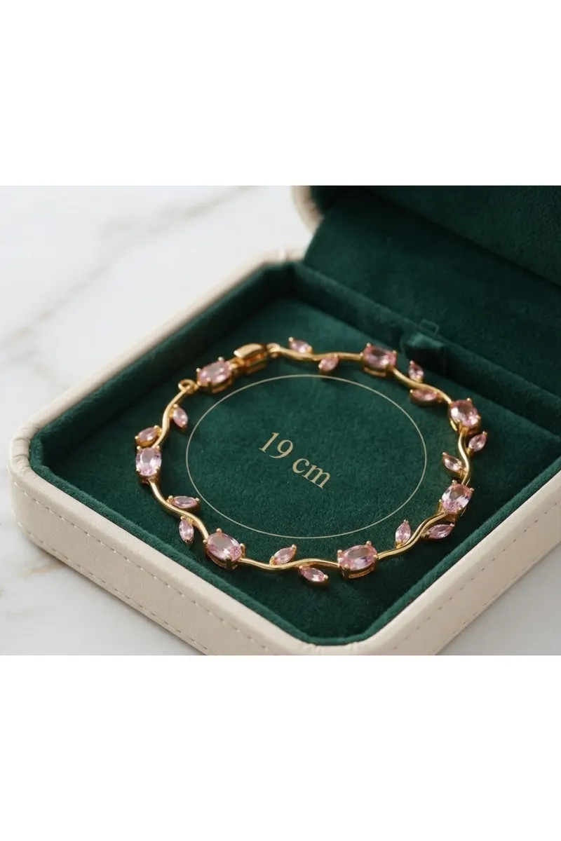 Gold Renk Pembe Renkli Zirkon Taşlı Lale Çelik Bileklik