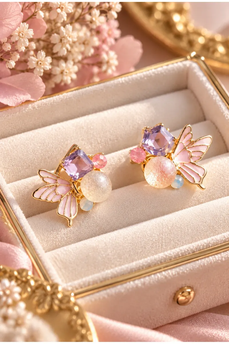 Vip Gold Mor Renk Kelebek Model Zirkon Taşlı Küpe
