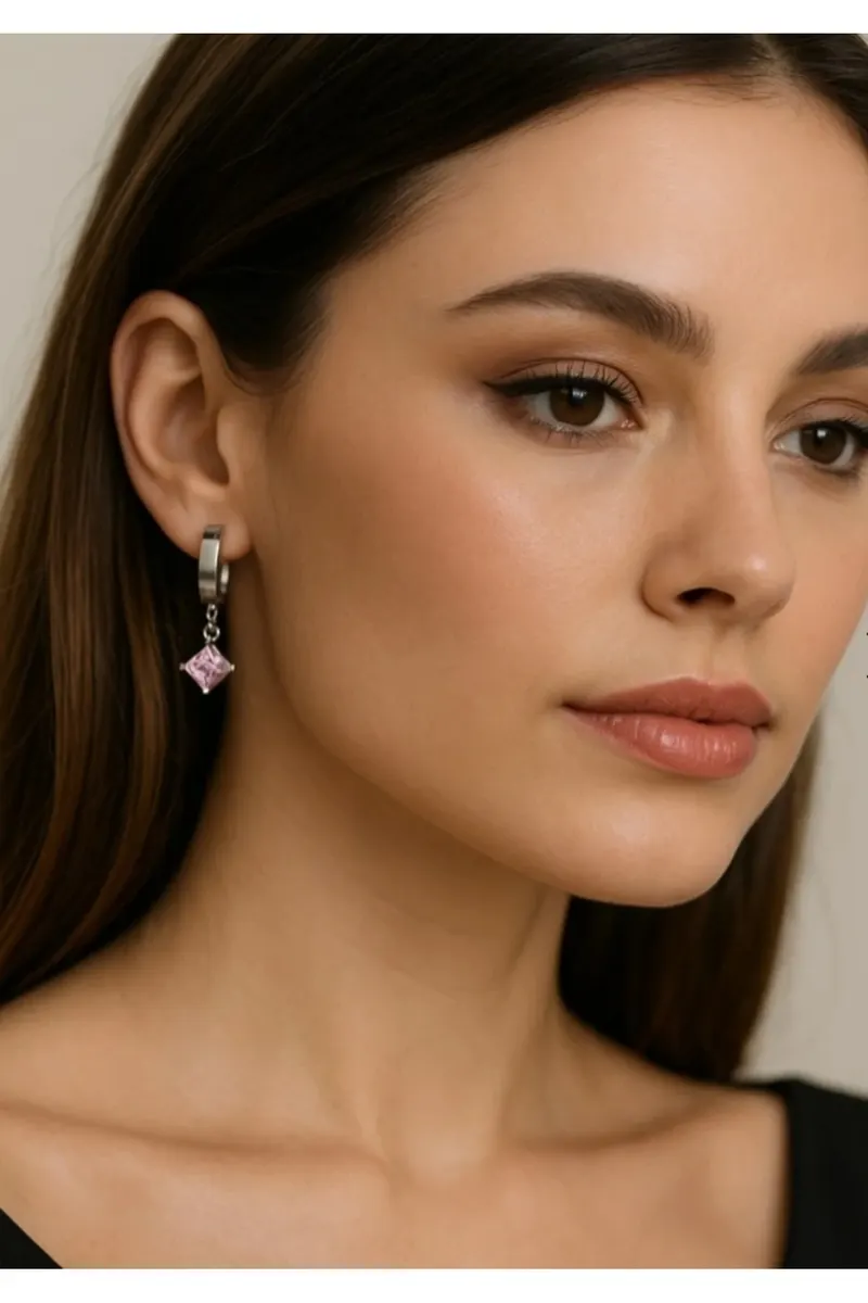 Pembe Renk Prizma Kristal Çelik Küpe