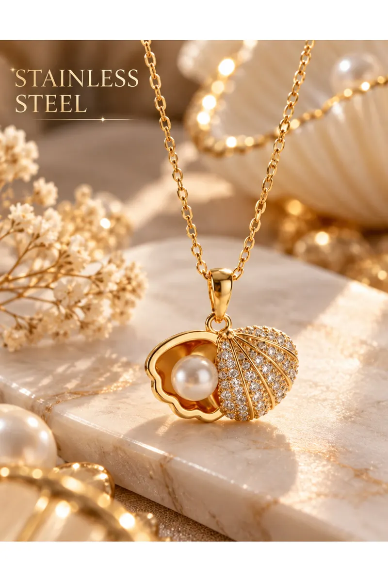 Gold Renk İncili Deniz Kabuğu Model Çelik Kolye