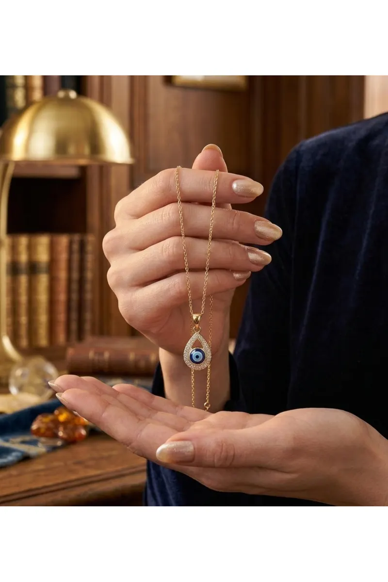 Damla Tasarım Nazarlı Zirkon Taşlı Gold Renk Çelik Kolye