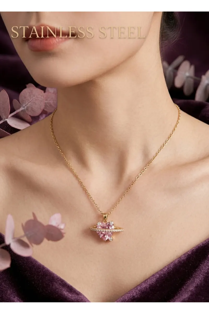 316L Çelik Gold Renk Zincir Pembe Kristal Kalp Model Zirkon Taş Detay Kolye