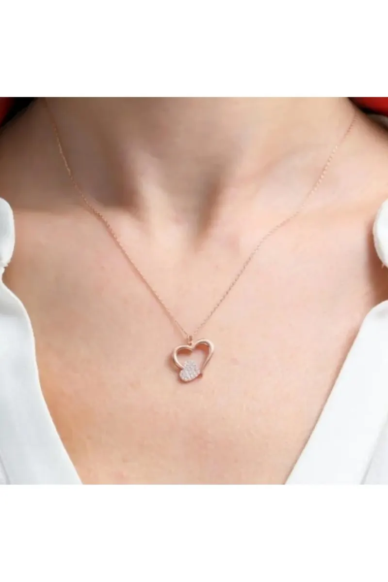 Rose Renk Kalp Tasarım Zirkon Taşlı Kararmaz Çelik Kolye