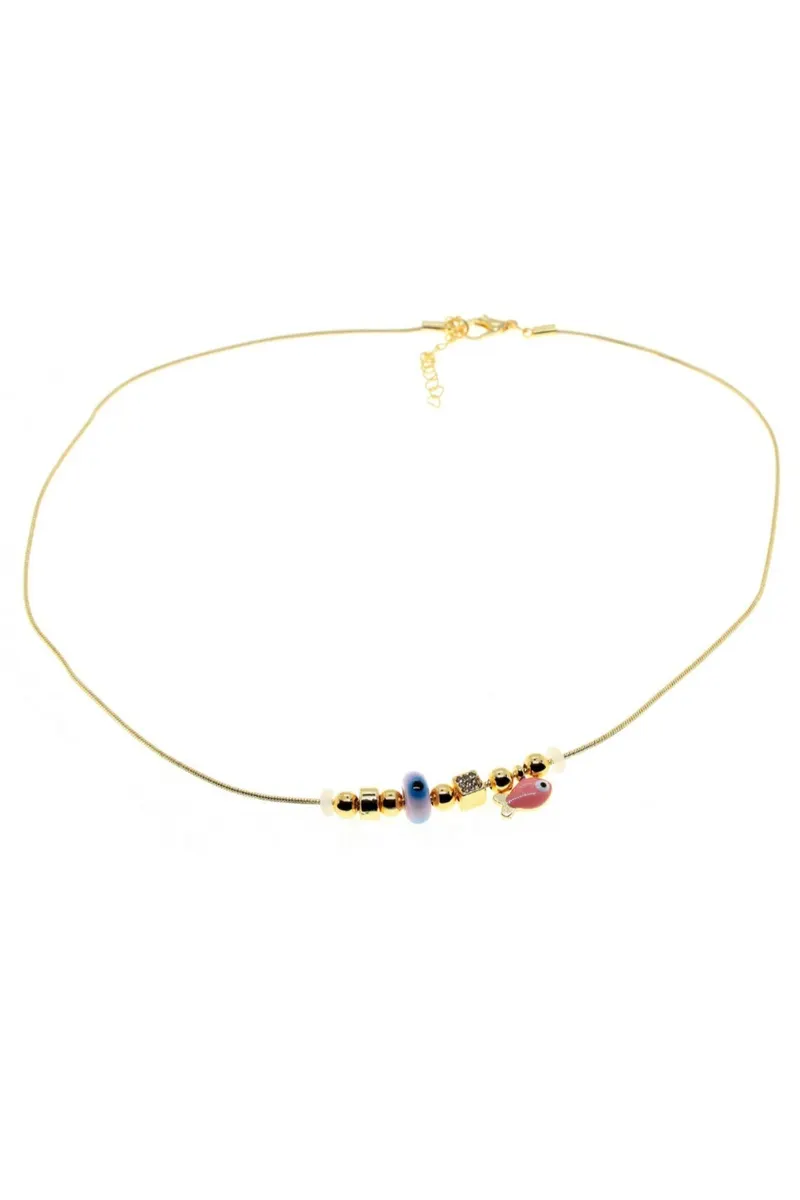 Gold Renk Pembe Mineli Balık Motif Zirkon Çelik Kolye